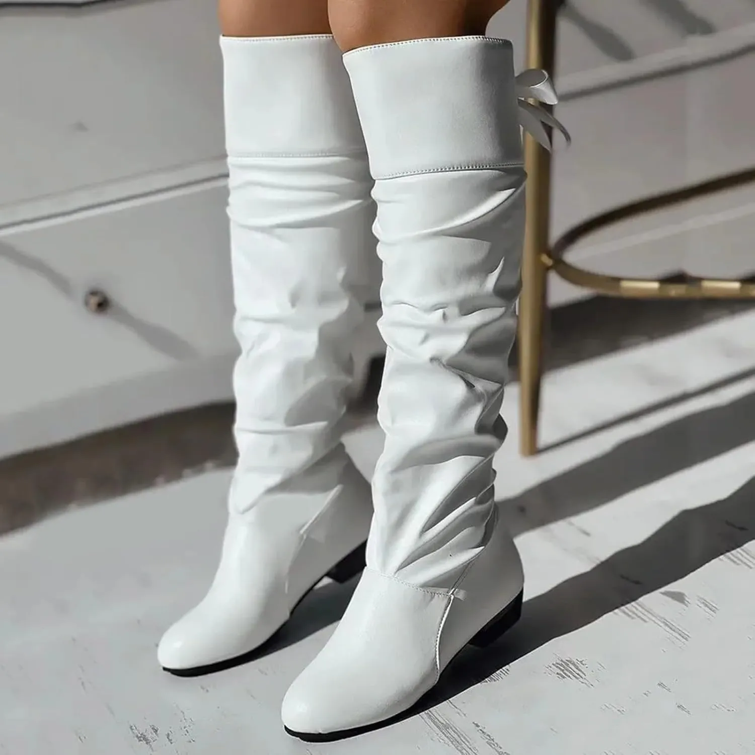 Womens Lace Tie Boots Bow Pleated Thick Warm Knee High Boots Winter Soft Leather Low Heels Slouch Party Dress Booties