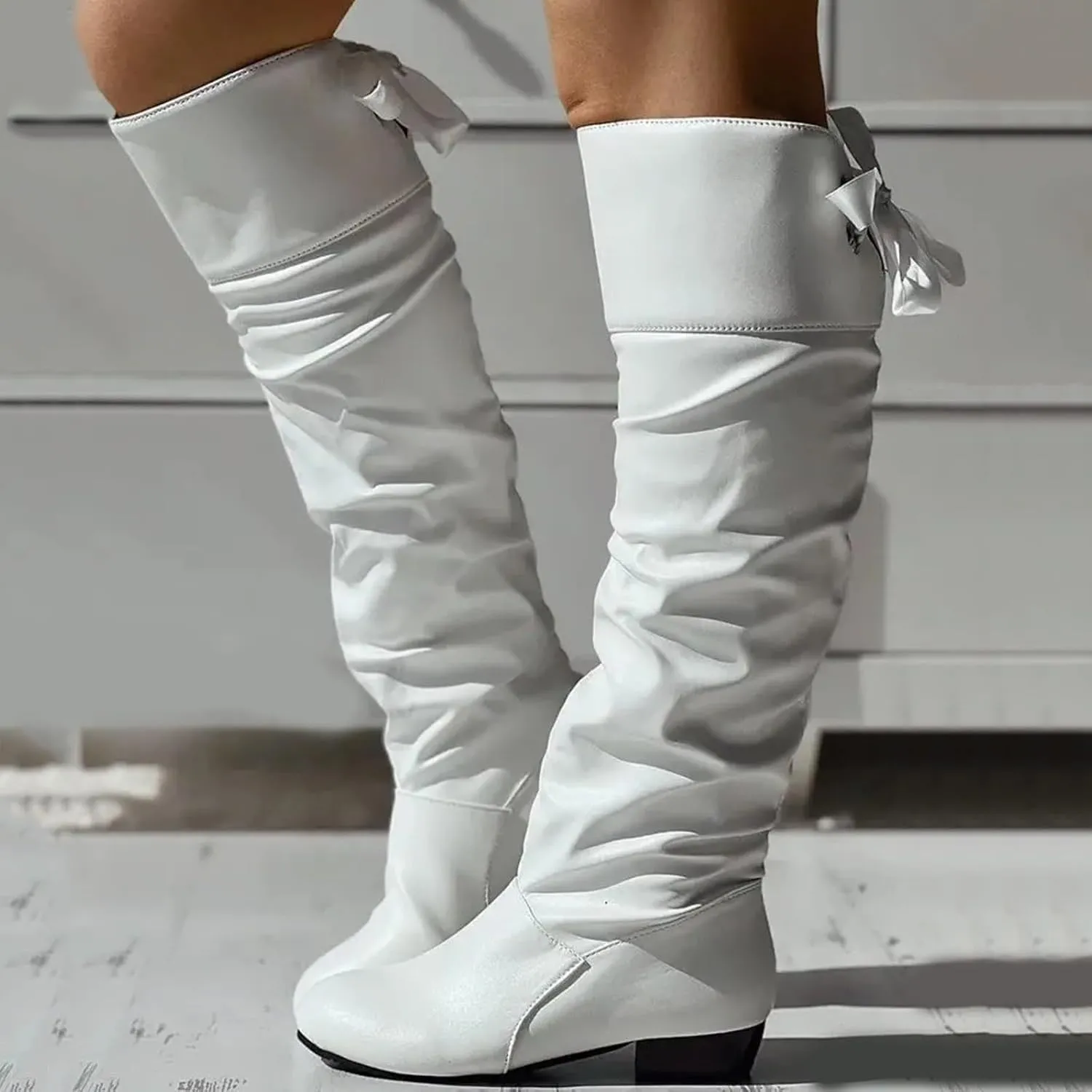 Womens Lace Tie Boots Bow Pleated Thick Warm Knee High Boots Winter Soft Leather Low Heels Slouch Party Dress Booties