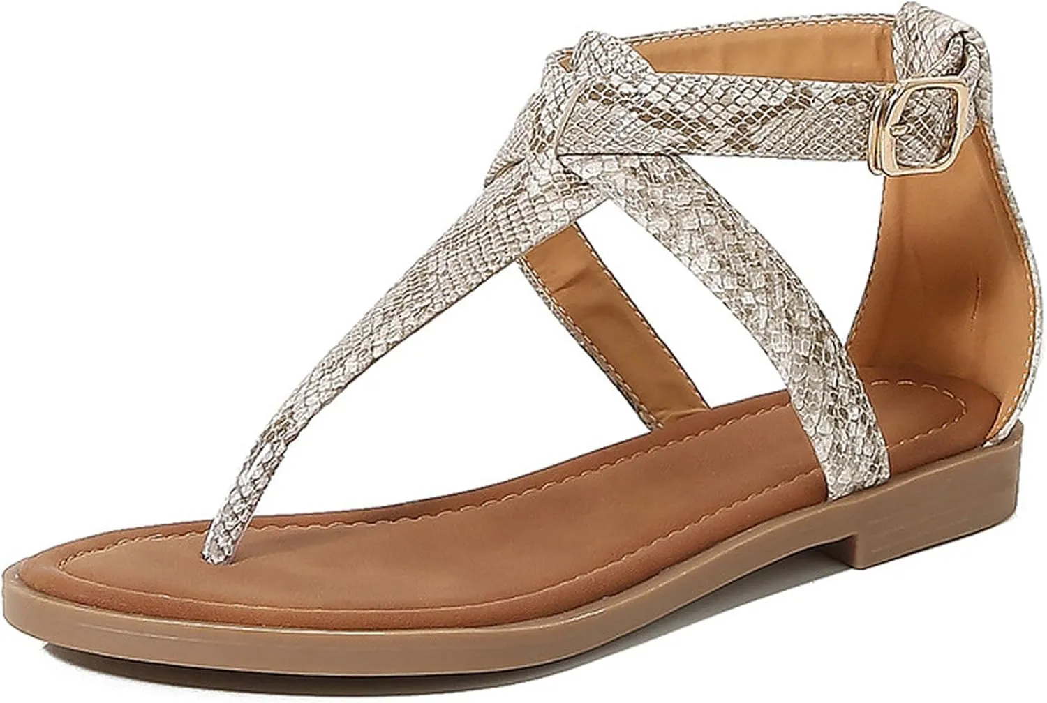 Women's Leather Print Dressy Thong Flat Sandals Fashion Classic Adjustable Ankle Buckle Summer T-Strap Bohemian Clip Toe Sandals for Casual Beach Walking Flip Flops
