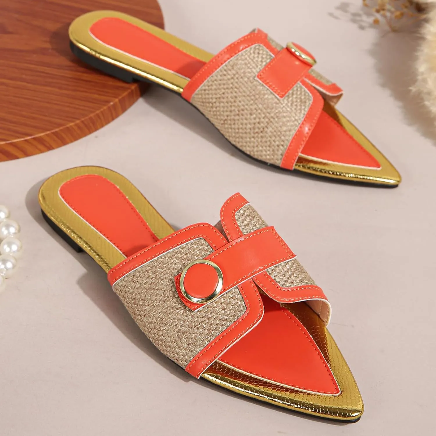 Women's Linen Fashion Pointed Toe Flat Slides Sandals Comfortable Lightweight Non-Slip Open Toe Slip On Summer Beach Slippers