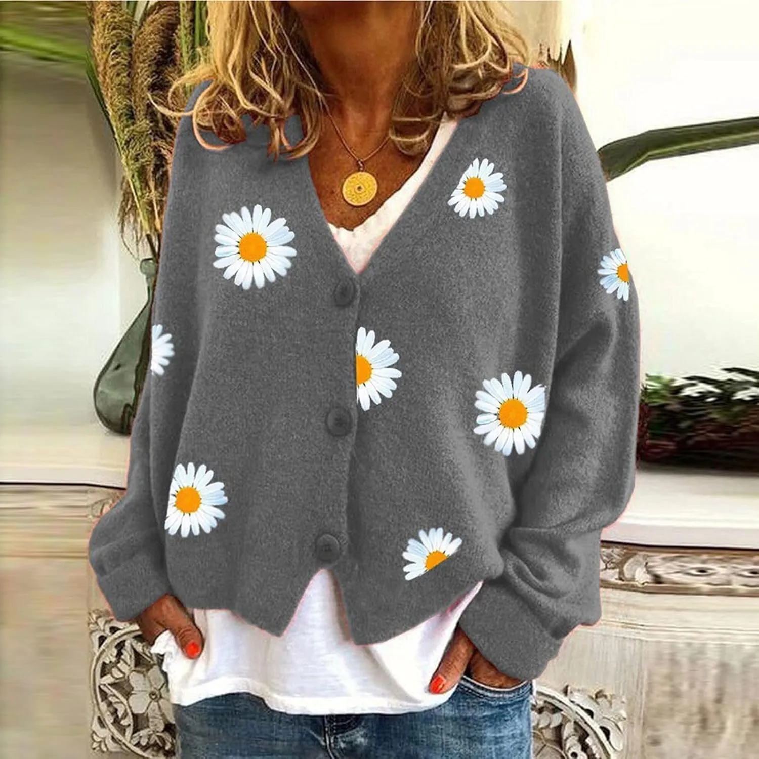 Womens Long Sleeve Button Comfy Sweater Cute Flower Graphic Cardigan Button Trendy Open Front Fall Clothes