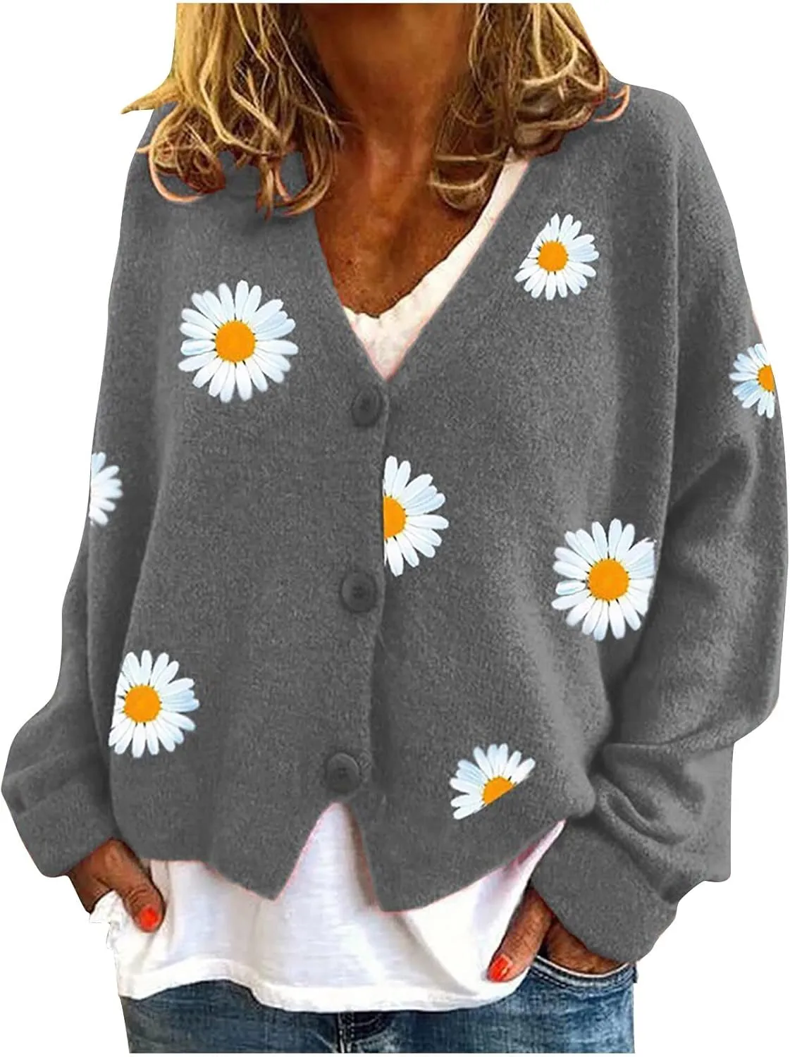 Womens Long Sleeve Button Comfy Sweater Cute Flower Graphic Cardigan Button Trendy Open Front Fall Clothes