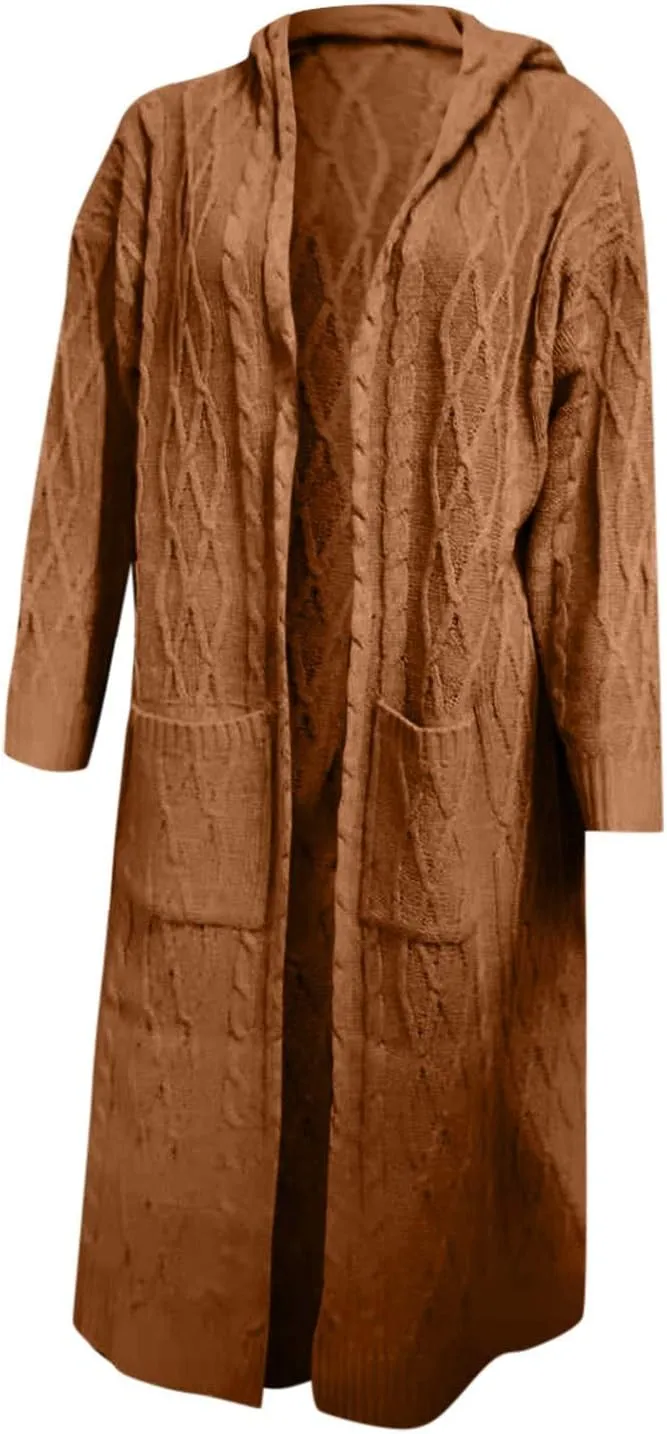 Womens Open Front Cable Knit Long Cardigan Long Sleeve Casual Hooded Outwear 2023 Fall Winter Sweater