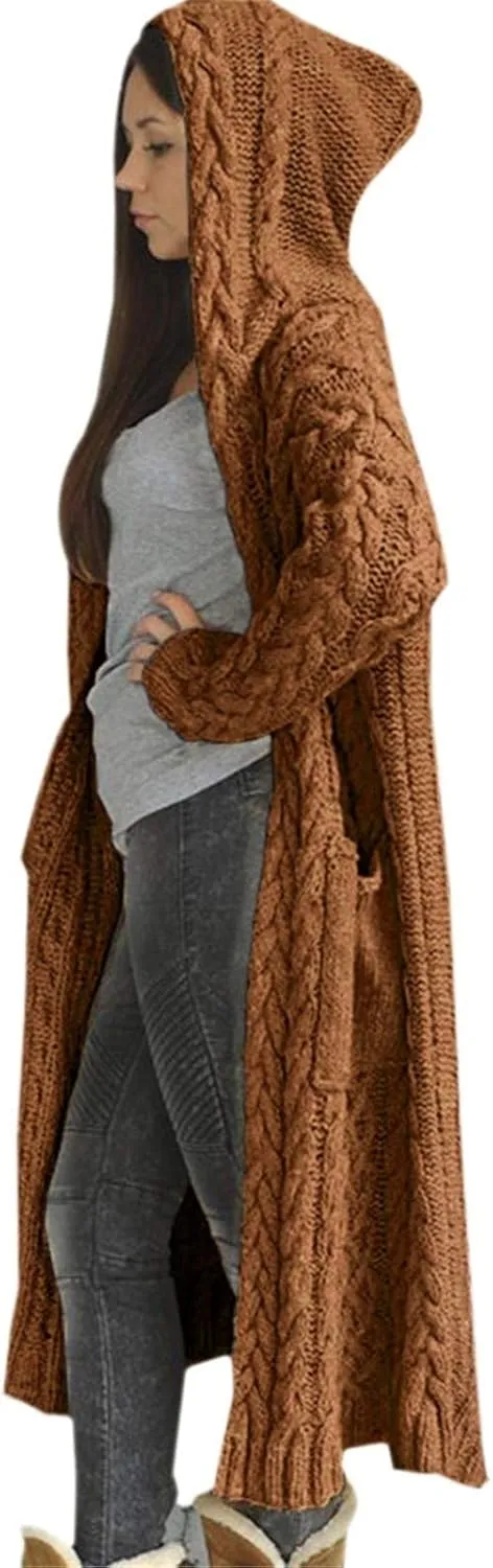 Womens Open Front Cable Knit Long Cardigan Long Sleeve Casual Hooded Outwear 2023 Fall Winter Sweater