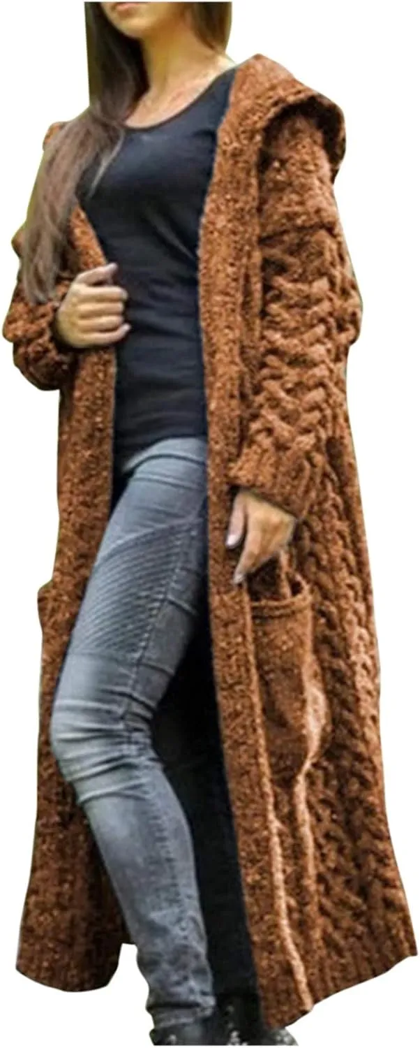 Womens Open Front Cable Knit Long Cardigan Long Sleeve Casual Hooded Outwear 2023 Fall Winter Sweater