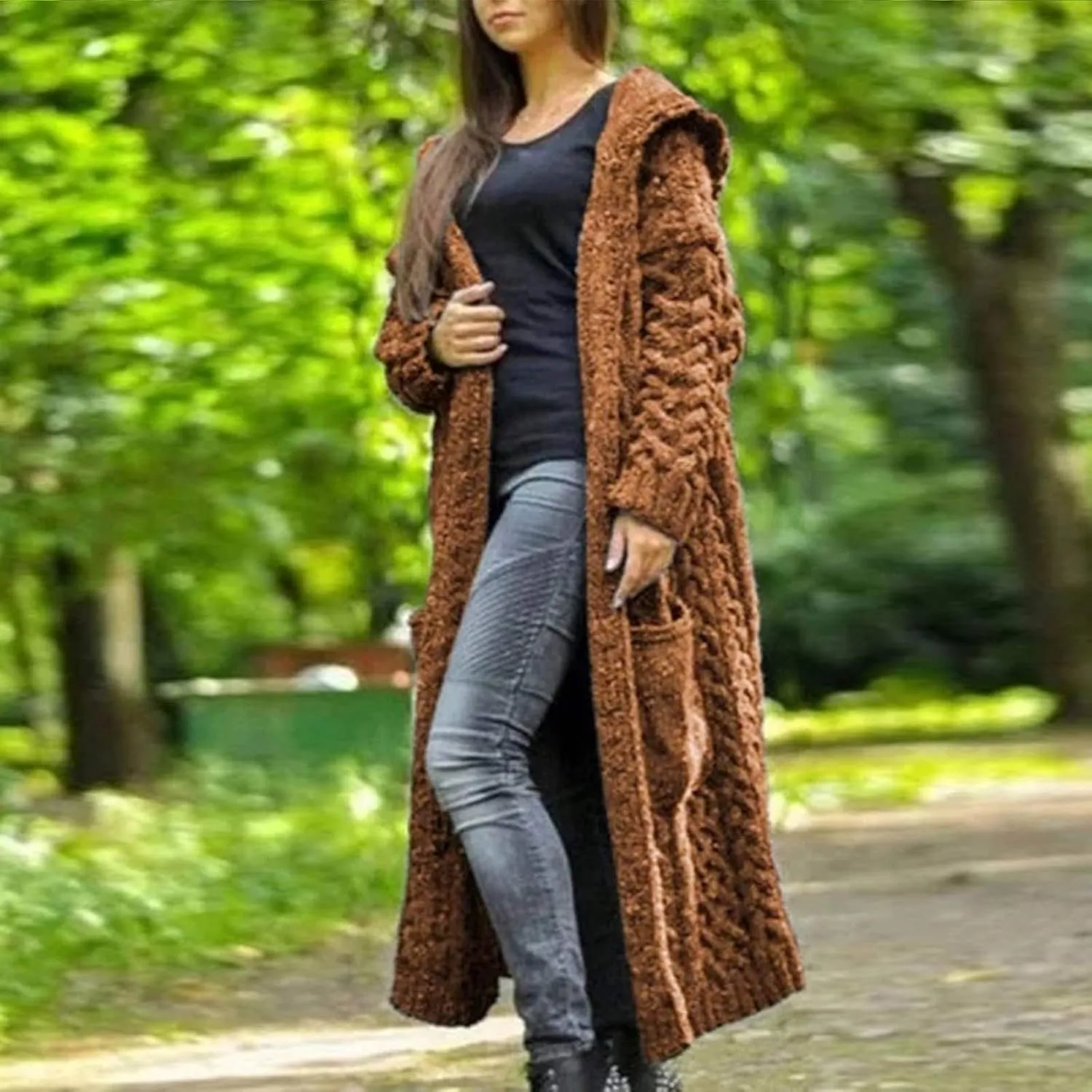 Womens Open Front Cable Knit Long Cardigan Long Sleeve Casual Hooded Outwear 2023 Fall Winter Sweater