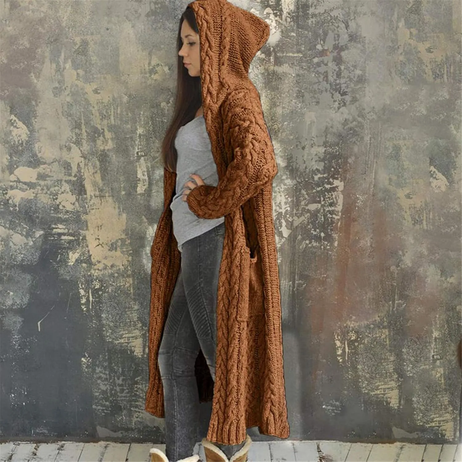 Womens Open Front Cable Knit Long Cardigan Long Sleeve Casual Hooded Outwear 2023 Fall Winter Sweater