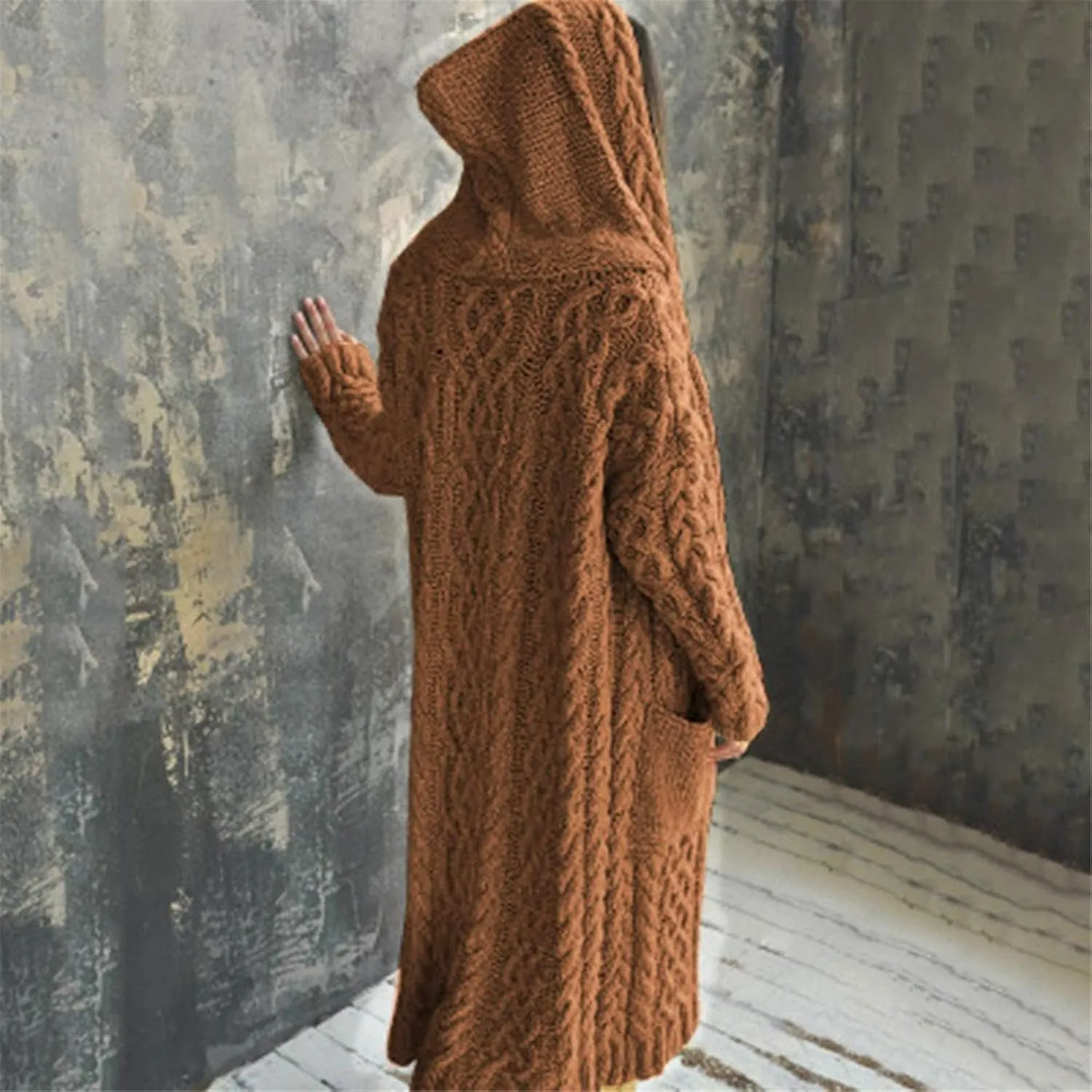Womens Open Front Cable Knit Long Cardigan Long Sleeve Casual Hooded Outwear 2023 Fall Winter Sweater