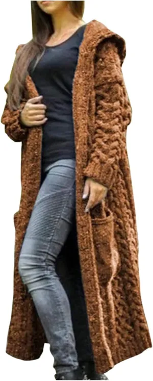 Womens Open Front Cable Knit Long Cardigan Long Sleeve Casual Hooded Outwear 2023 Fall Winter Sweater