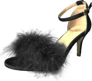 Women's Open Toe Ankle Strap Fluffy Feather Stiletto High Heel Dress Sandal