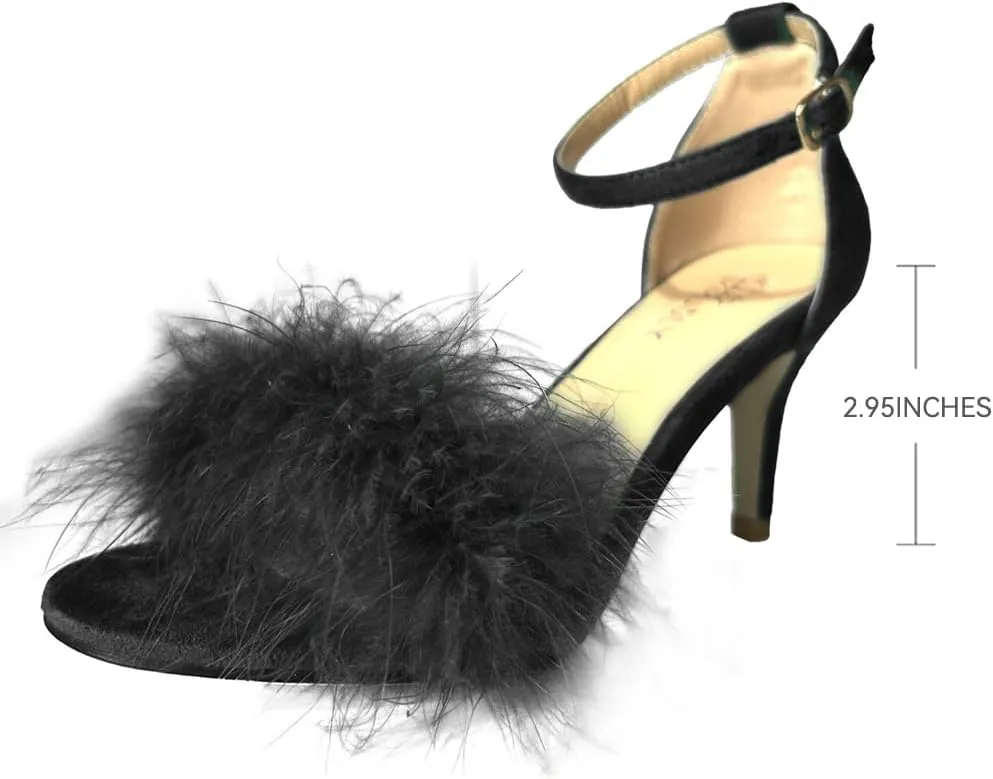 Women's Open Toe Ankle Strap Fluffy Feather Stiletto High Heel Dress Sandal