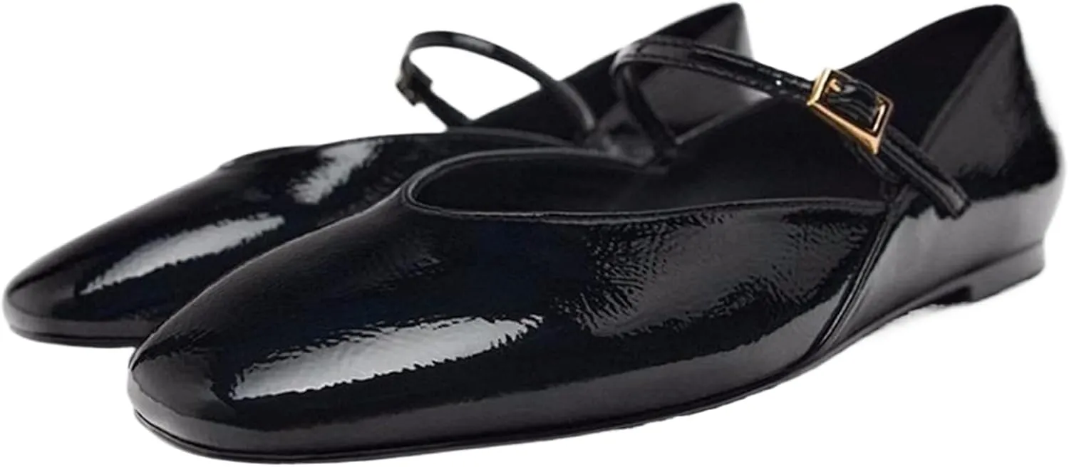 Women's Patent Leather Elegant Ballet Flats Comfortable Round Toe Adjustable Buckle Strap Flat Non-Slip Mary Jane Shoes Suitable for Dancing Walking
