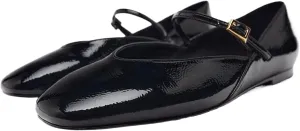 Women's Patent Leather Elegant Ballet Flats Comfortable Round Toe Adjustable Buckle Strap Flat Non-Slip Mary Jane Shoes Suitable for Dancing Walking