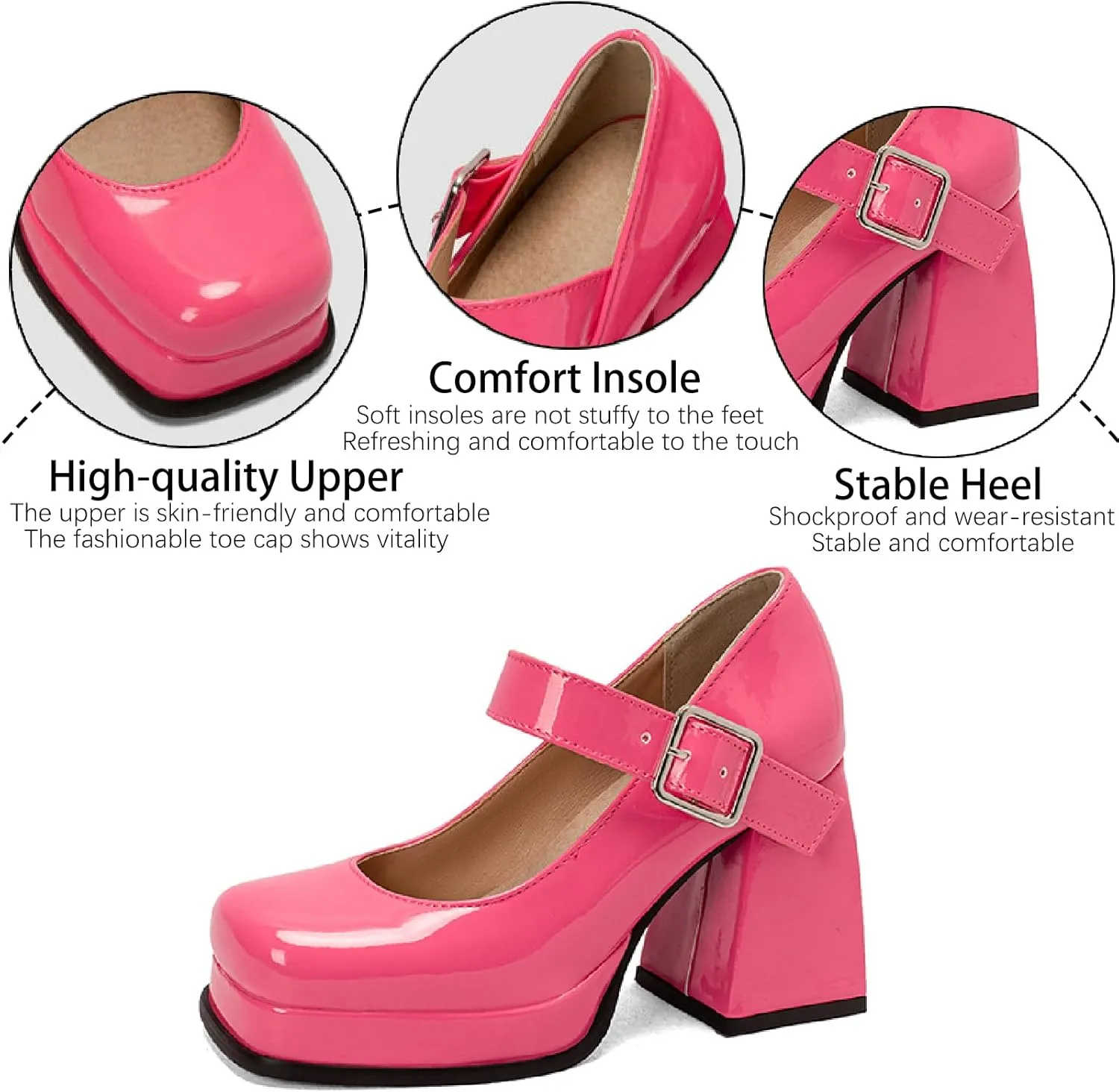 Women's Patent Leather Platform Mary Janes Pumps with Adjust Buckle Strap Fashion Comfort Square Toe Chunky High Heels Uniform Lolita Dressy Shoes for Party Date Wedding