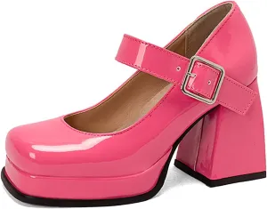 Women's Patent Leather Platform Mary Janes Pumps with Adjust Buckle Strap Fashion Comfort Square Toe Chunky High Heels Uniform Lolita Dressy Shoes for Party Date Wedding