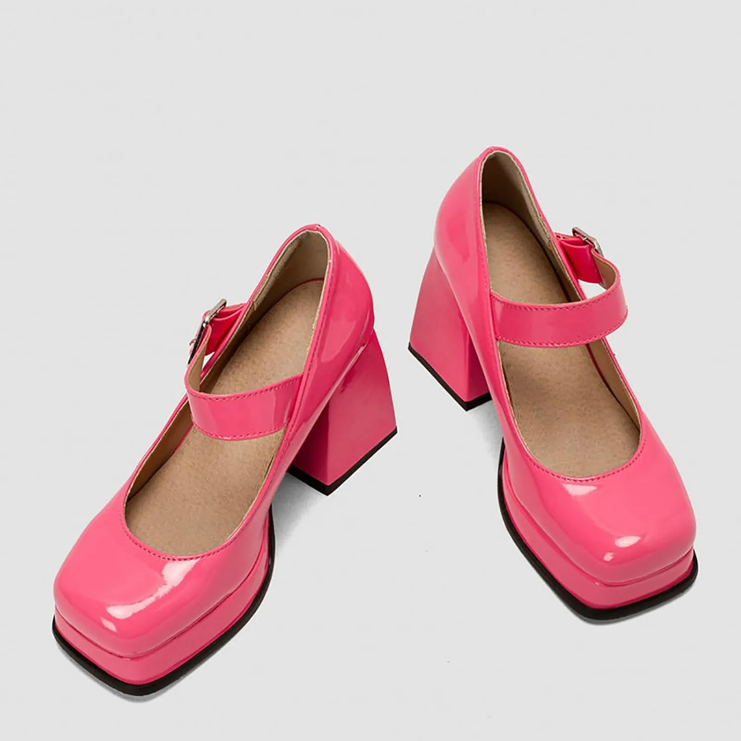Women's Patent Leather Platform Mary Janes Pumps with Adjust Buckle Strap Fashion Comfort Square Toe Chunky High Heels Uniform Lolita Dressy Shoes for Party Date Wedding