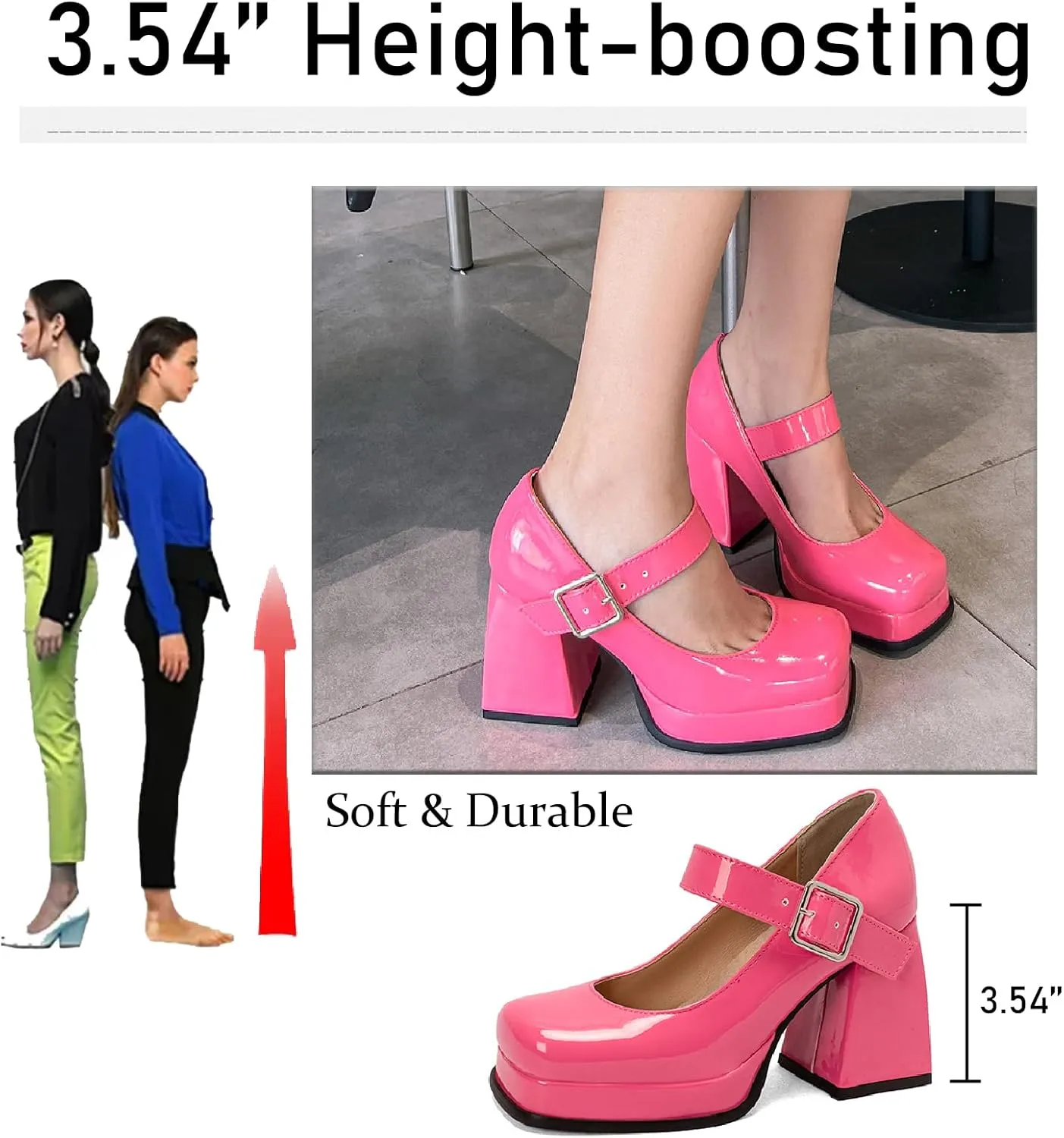 Women's Patent Leather Platform Mary Janes Pumps with Adjust Buckle Strap Fashion Comfort Square Toe Chunky High Heels Uniform Lolita Dressy Shoes for Party Date Wedding