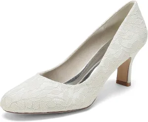 Womens Pumps Heels Comfy Kitten Heel Heeled Closed Round Toe Wedding Bridal Shoes for Bride Lace Bridesmaids Dress Shoes