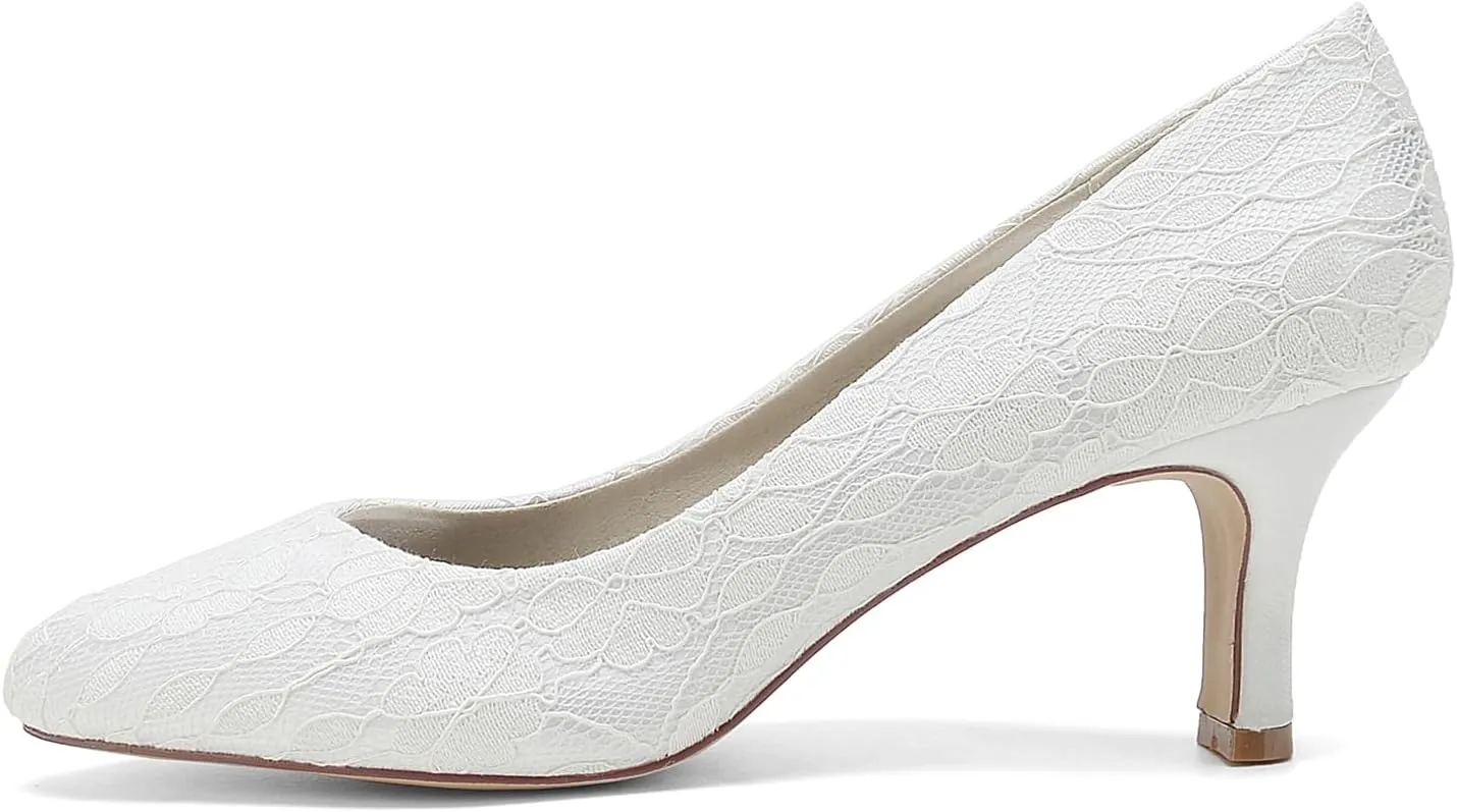 Womens Pumps Heels Comfy Kitten Heel Heeled Closed Round Toe Wedding Bridal Shoes for Bride Lace Bridesmaids Dress Shoes