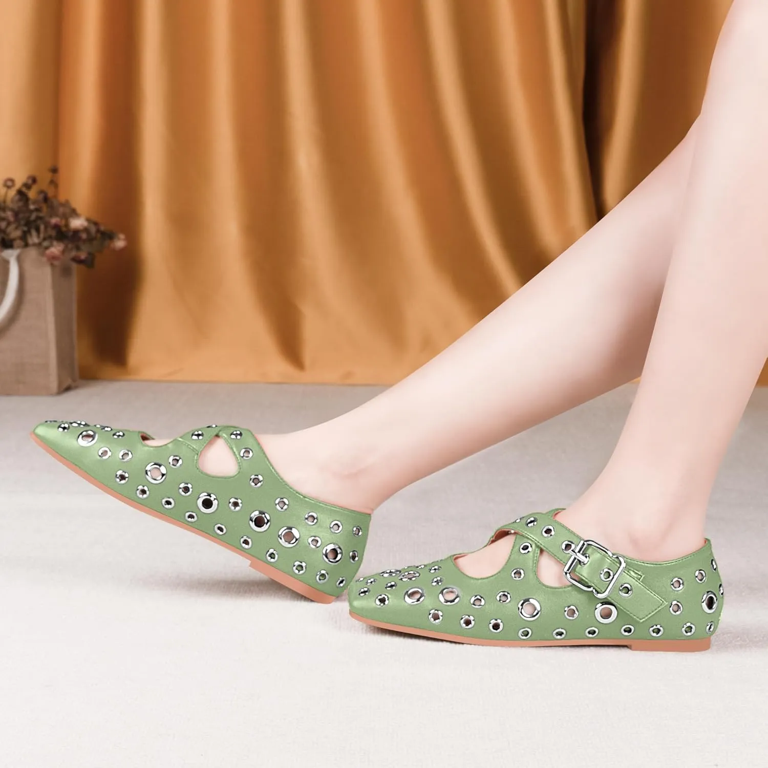 Women's Square Toe Ballet Flats Studded Grommet Cross Buckle Mary Jane Shoes
