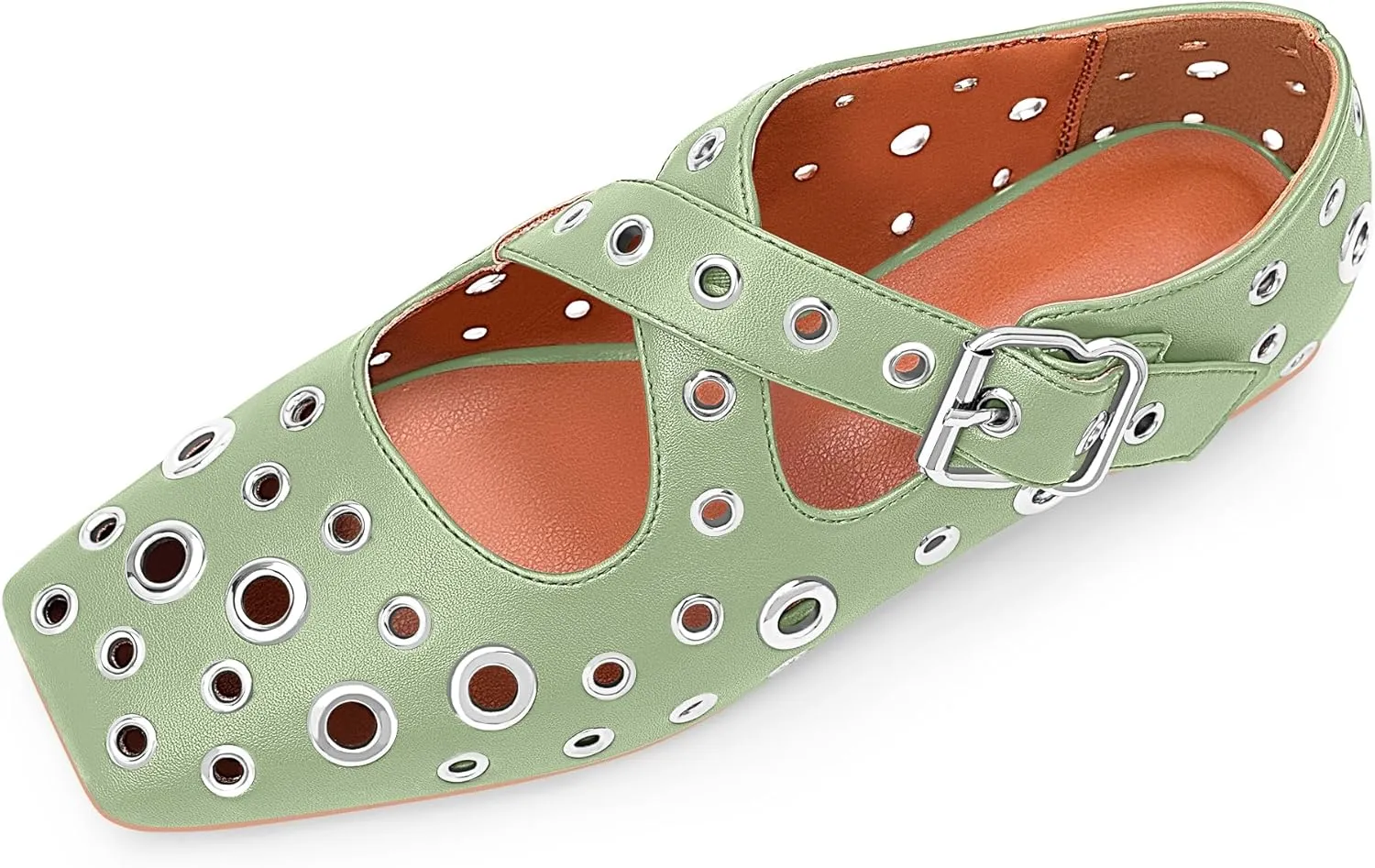 Women's Square Toe Ballet Flats Studded Grommet Cross Buckle Mary Jane Shoes