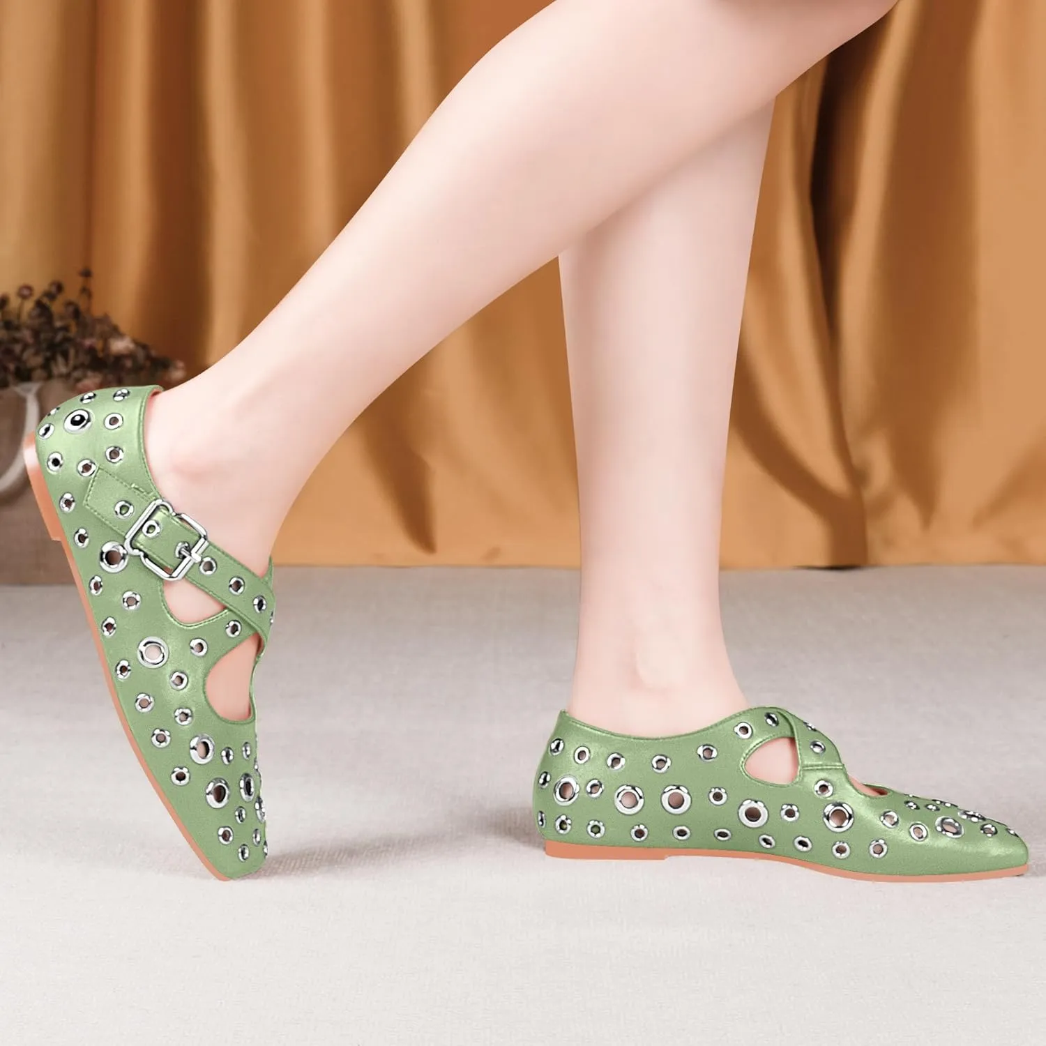 Women's Square Toe Ballet Flats Studded Grommet Cross Buckle Mary Jane Shoes