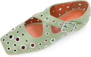Women's Square Toe Ballet Flats Studded Grommet Cross Buckle Mary Jane Shoes