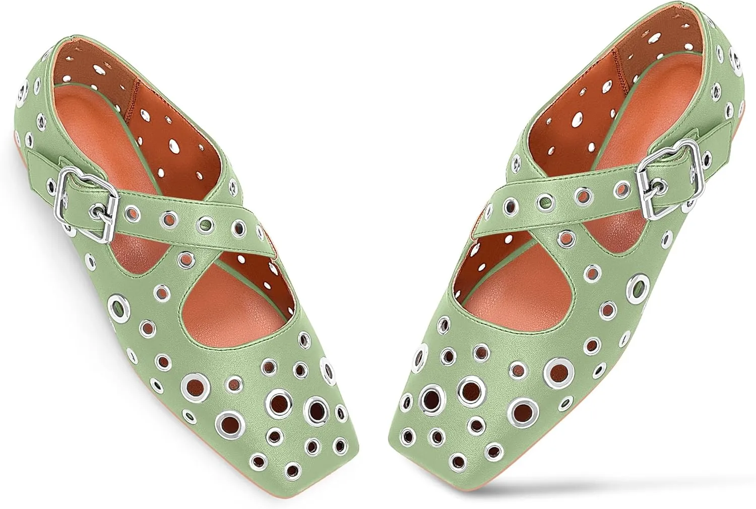 Women's Square Toe Ballet Flats Studded Grommet Cross Buckle Mary Jane Shoes