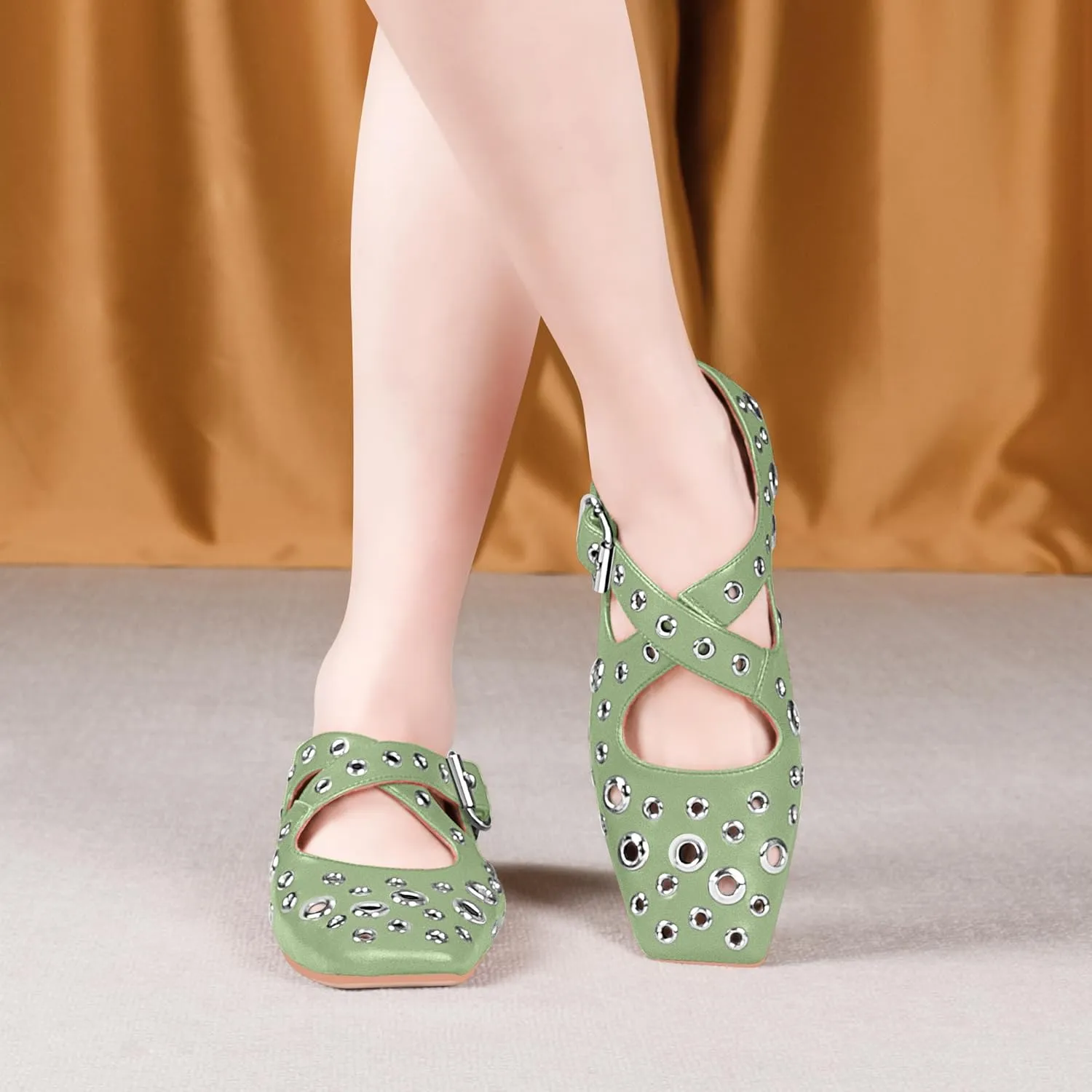 Women's Square Toe Ballet Flats Studded Grommet Cross Buckle Mary Jane Shoes