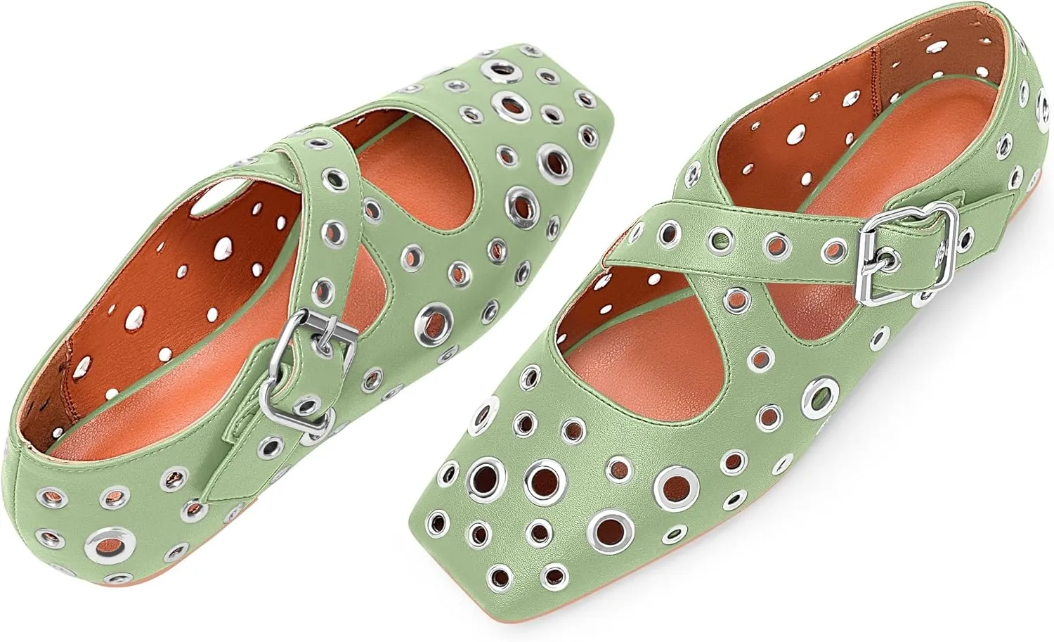 Women's Square Toe Ballet Flats Studded Grommet Cross Buckle Mary Jane Shoes