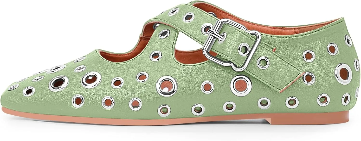 Women's Square Toe Ballet Flats Studded Grommet Cross Buckle Mary Jane Shoes