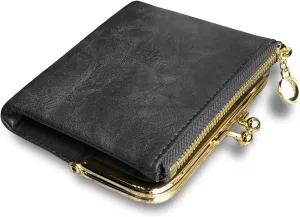 Womens Wallet Small Bifold Rfid Ladies Mini Vintage Coin Purse With Zipper and Kiss Lock (Grey)