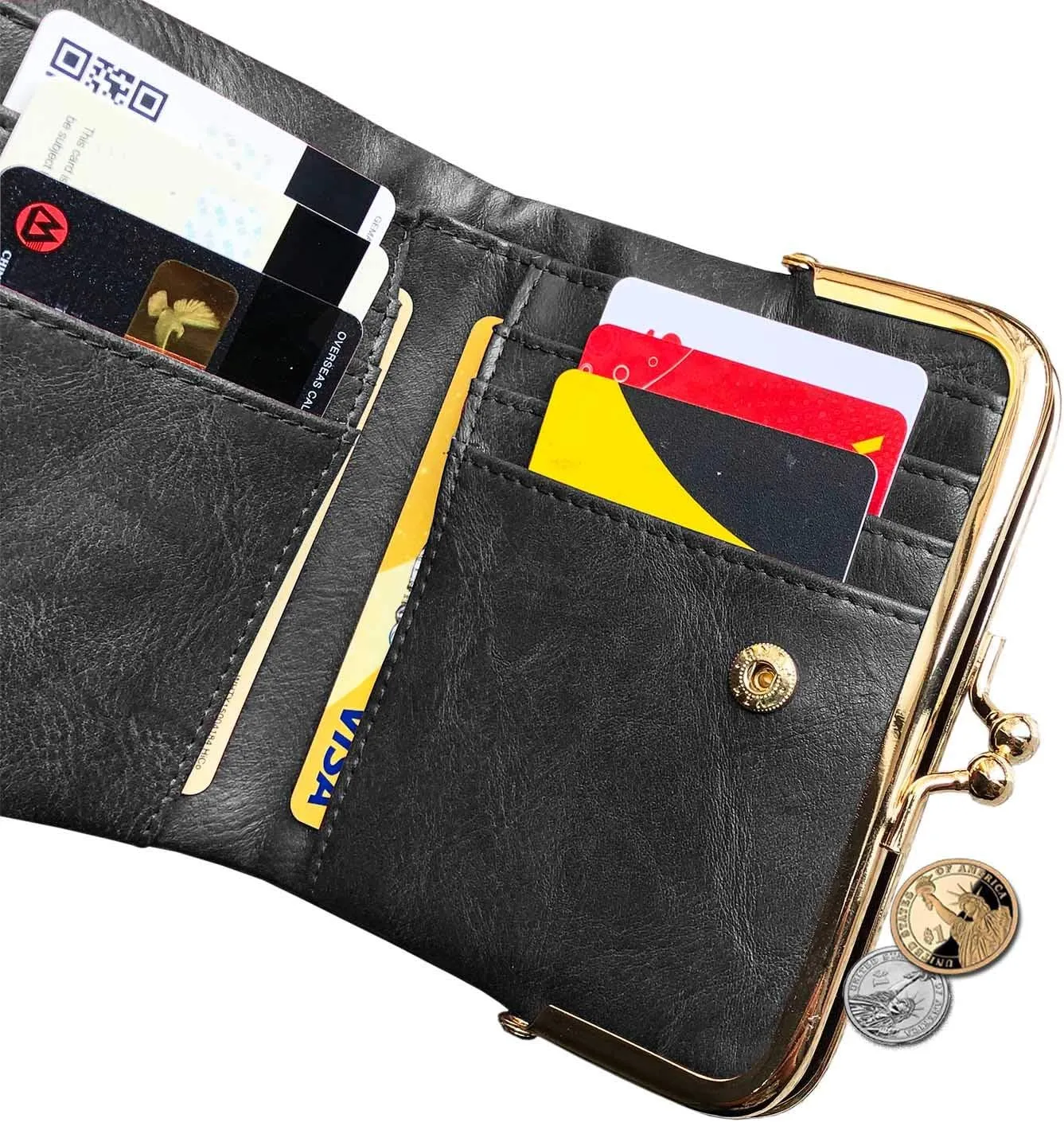 Womens Wallet Small Bifold Rfid Ladies Mini Vintage Coin Purse With Zipper and Kiss Lock (Grey)