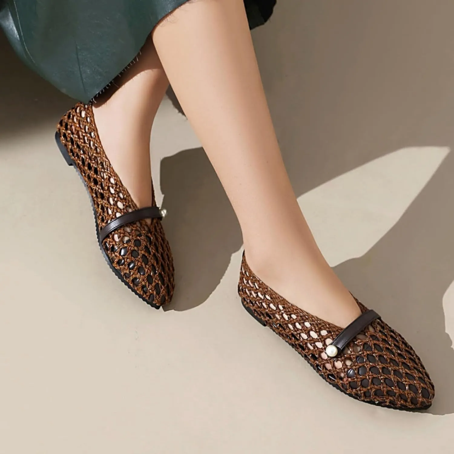 Women's Woven Mesh Low Heel Block Flats Loafers Pointed Closed Toe Hollow Beach Mary Janes Flat Ballet Pumps Casual Comfortable Work Office Dressy Walking Shoes