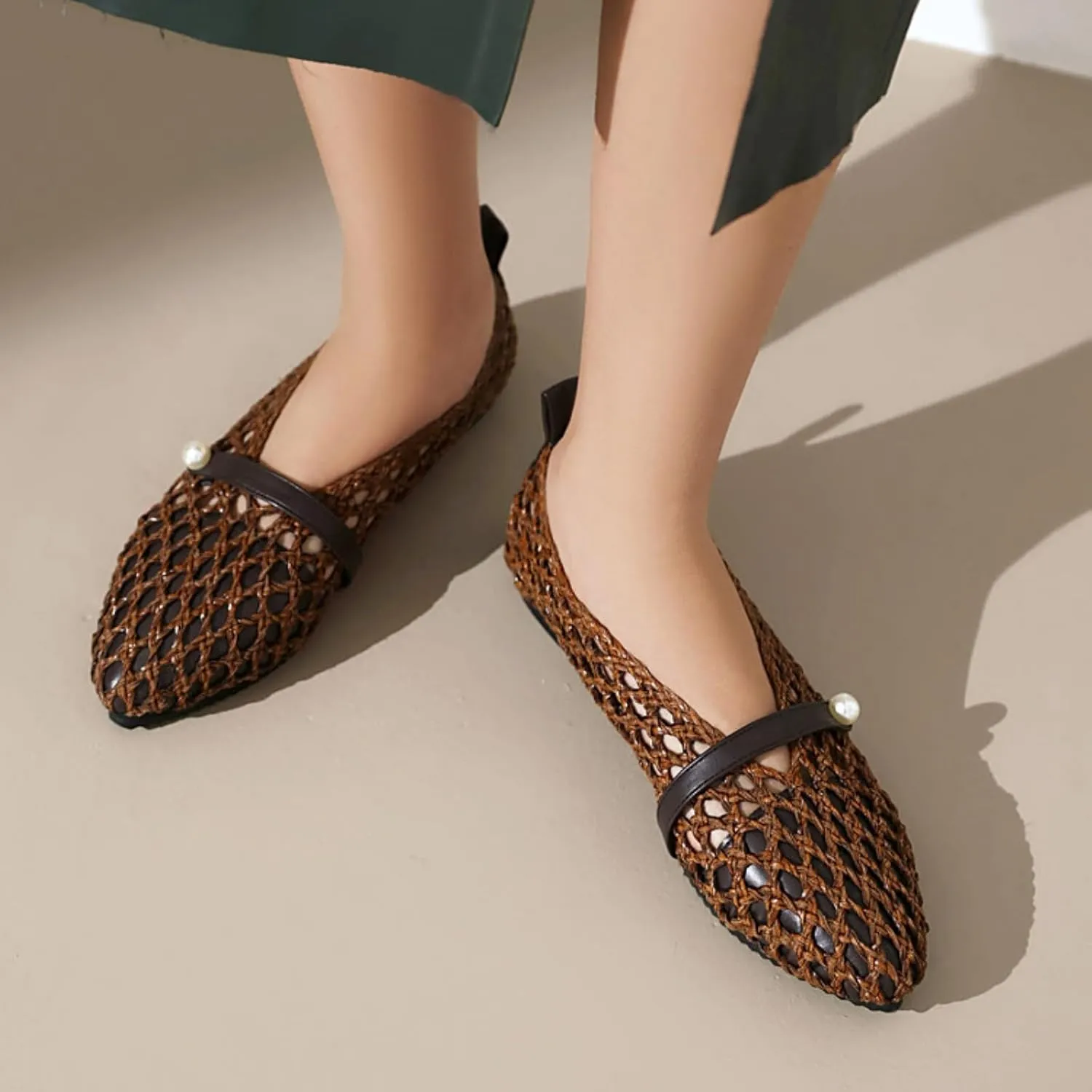 Women's Woven Mesh Low Heel Block Flats Loafers Pointed Closed Toe Hollow Beach Mary Janes Flat Ballet Pumps Casual Comfortable Work Office Dressy Walking Shoes