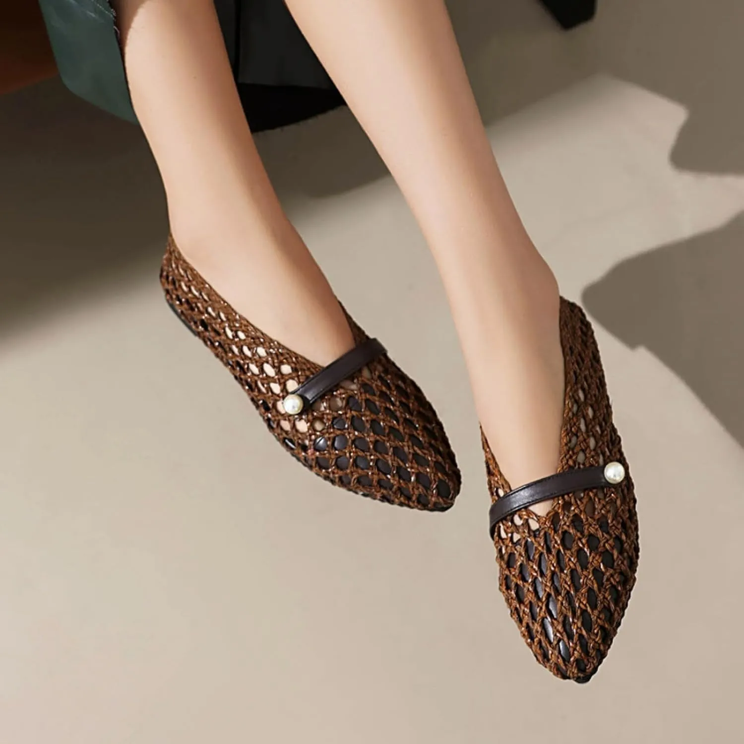 Women's Woven Mesh Low Heel Block Flats Loafers Pointed Closed Toe Hollow Beach Mary Janes Flat Ballet Pumps Casual Comfortable Work Office Dressy Walking Shoes