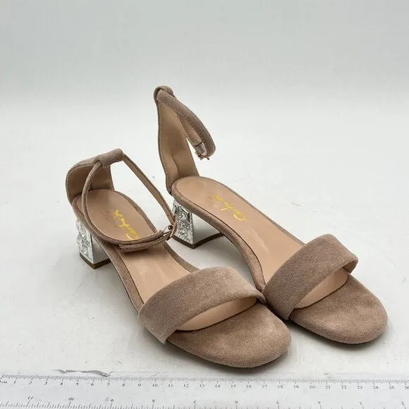 XYD Beige Open Toe Strappy Sparkly Block Low Heel Ankle Strap Buckled Sandal