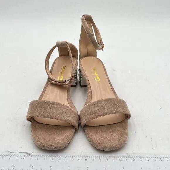 XYD Beige Open Toe Strappy Sparkly Block Low Heel Ankle Strap Buckled Sandal