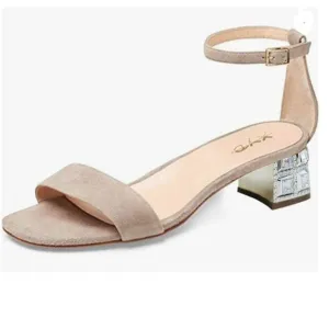 XYD Beige Open Toe Strappy Sparkly Block Low Heel Ankle Strap Buckled Sandal