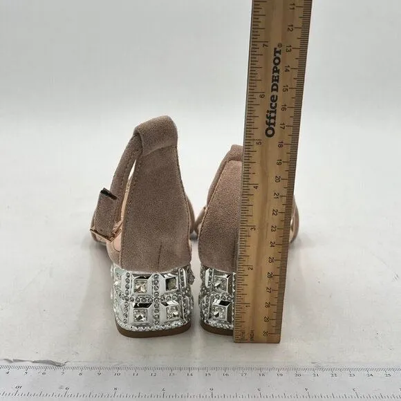 XYD Beige Open Toe Strappy Sparkly Block Low Heel Ankle Strap Buckled Sandal