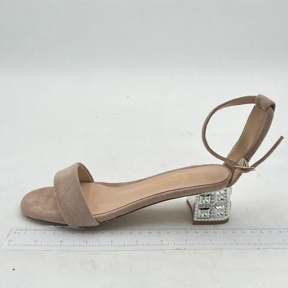 XYD Beige Open Toe Strappy Sparkly Block Low Heel Ankle Strap Buckled Sandal