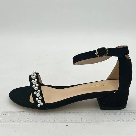 XYD Black Pearls Open Toe Strappy Low Block Heel Sandal  Ankle Strap Buckle Shoe