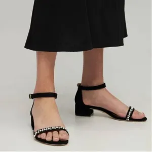 XYD Black Pearls Open Toe Strappy Low Block Heel Sandal  Ankle Strap Buckle Shoe