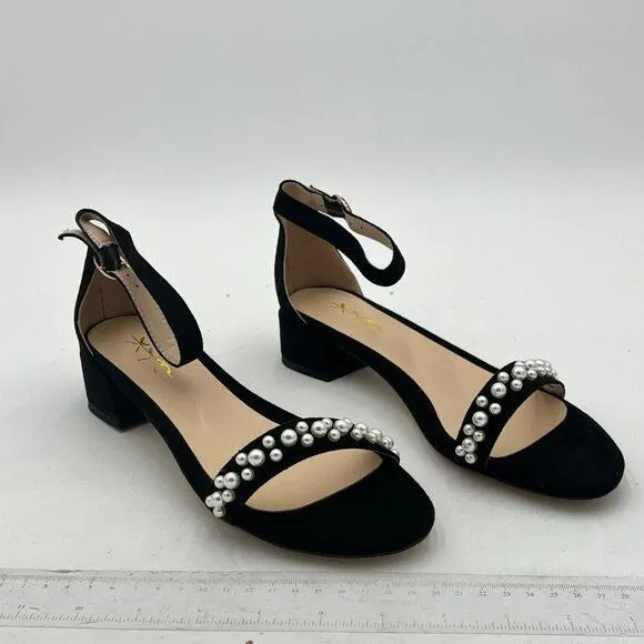 XYD Black Pearls Open Toe Strappy Low Block Heel Sandal  Ankle Strap Buckle Shoe