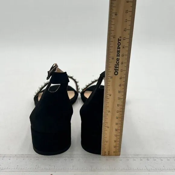 XYD Black Pearls Open Toe Strappy Low Block Heel Sandal  Ankle Strap Buckle Shoe