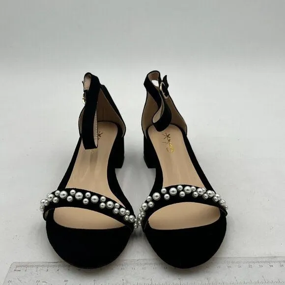XYD Black Pearls Open Toe Strappy Low Block Heel Sandal  Ankle Strap Buckle Shoe