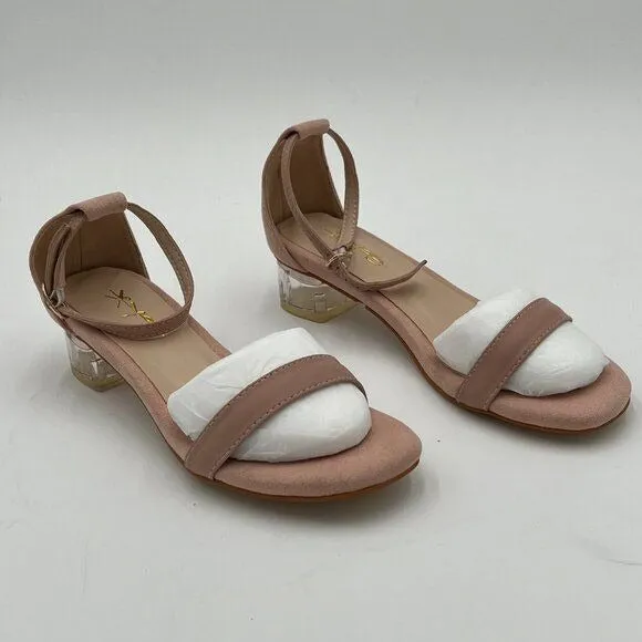 XYD Pink Clear Heel Open Toe Strappy Low Block Heel Ankle Strap Buckled Sandal