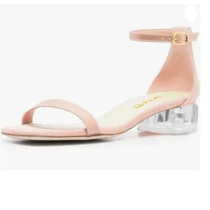 XYD Pink Clear Heel Open Toe Strappy Low Block Heel Ankle Strap Buckled Sandal