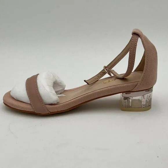 XYD Pink Clear Heel Open Toe Strappy Low Block Heel Ankle Strap Buckled Sandal