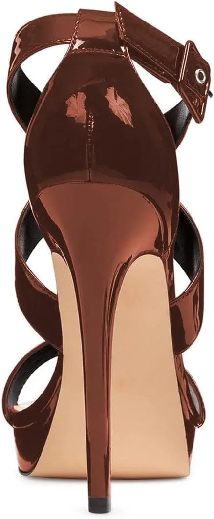 XYD Sexy Low Platform High Heel Sandals Crossover Strappy Open Toe Pumps Patent Leather Pub Party Shoes for Women